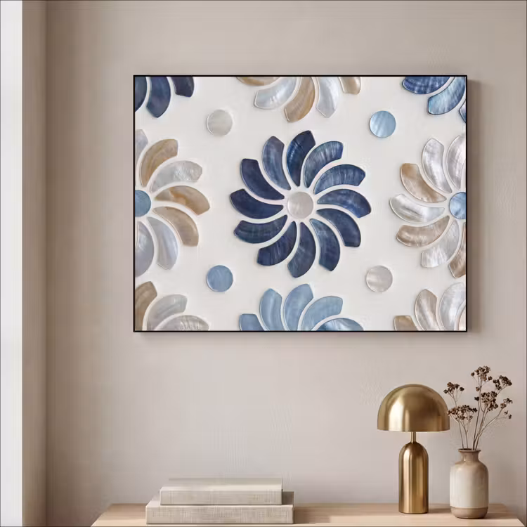 Bloemen - Parelmoer - Abstract - Patroon - Blauw Textielframe zwart klein -sfeer2