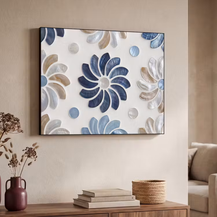 Bloemen - Parelmoer - Abstract - Patroon - Blauw Textielframe zwart klein -sfeer3