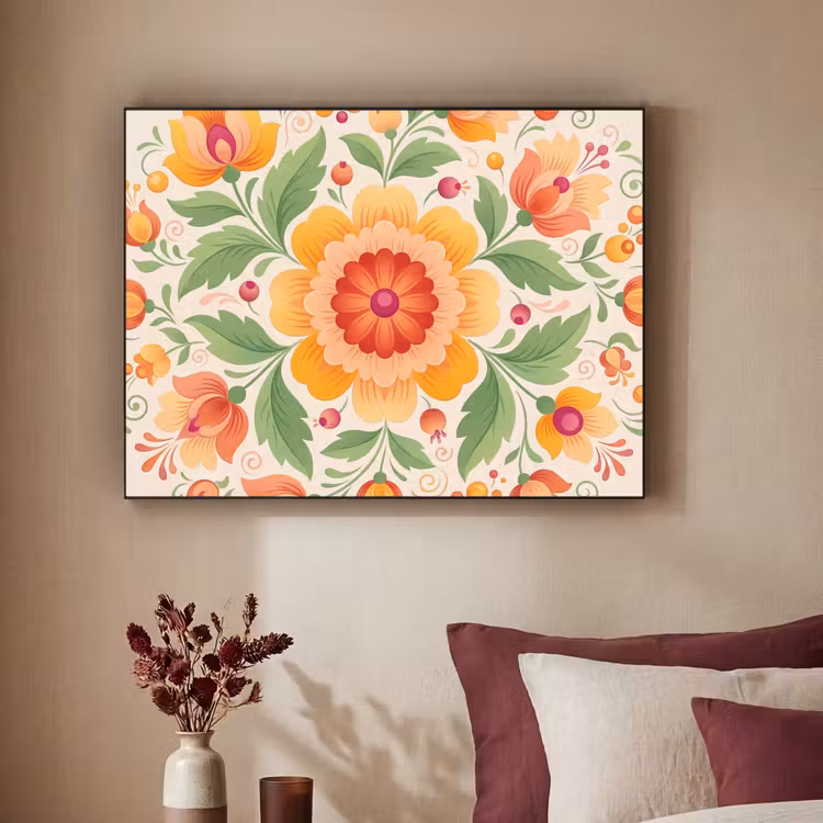 Bloemen - Patroon - Decoratief - Oranje Textielframe zwart klein -sfeer1