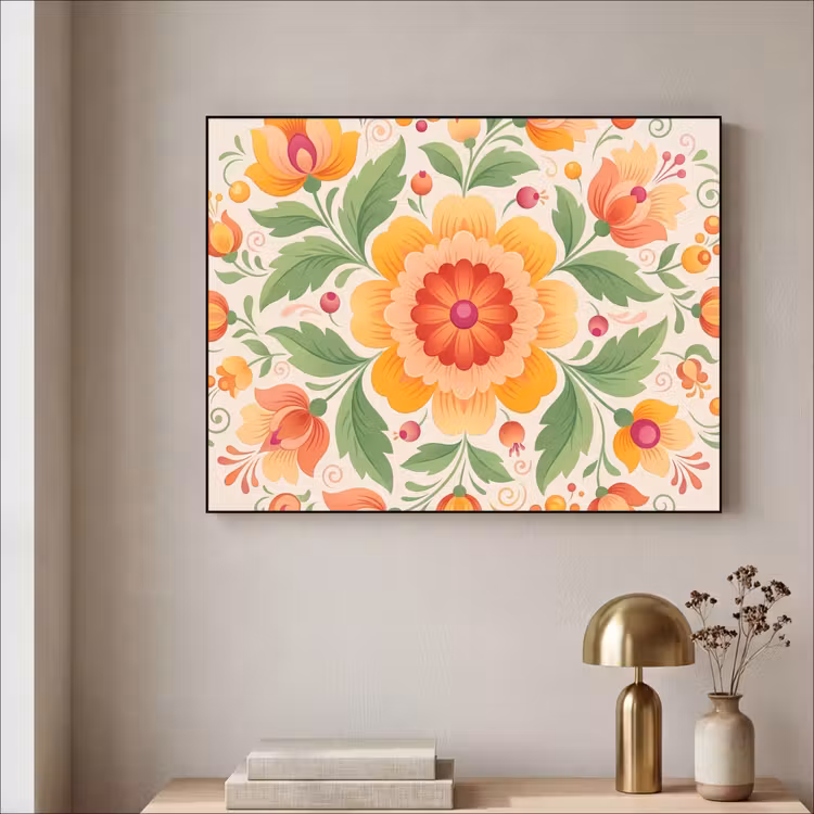 Bloemen - Patroon - Decoratief - Oranje Textielframe zwart klein -sfeer2