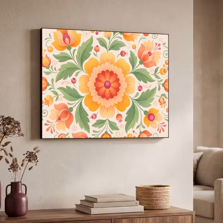 Bloemen - Patroon - Decoratief - Oranje Textielframe zwart klein -sfeer3