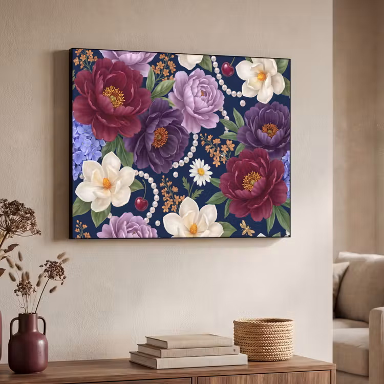 Bloemen - Parels - Decoratie - Modern - Blauw Textielframe zwart klein -sfeer3