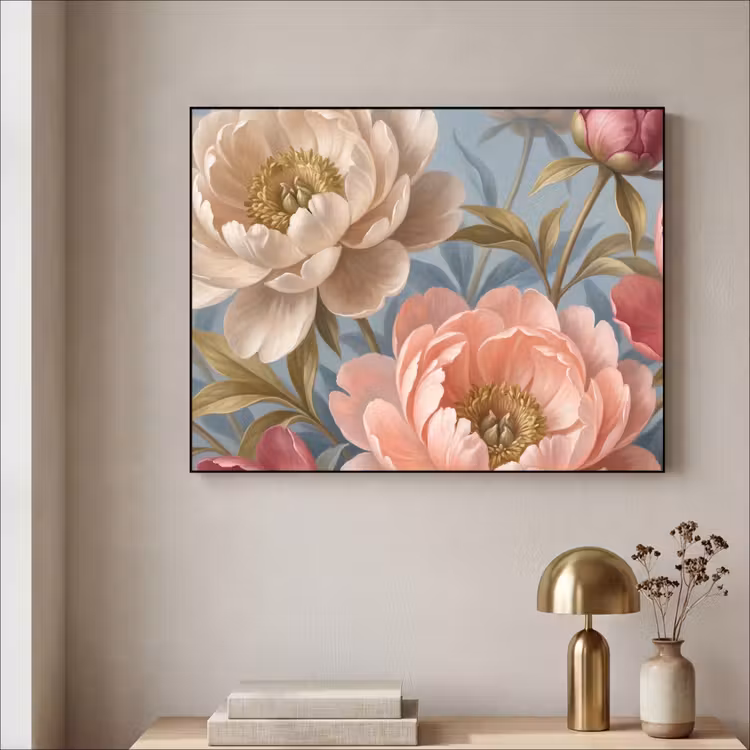 Bloemen - Roze - Beige - Modern - Natuur Textielframe zwart klein -sfeer2