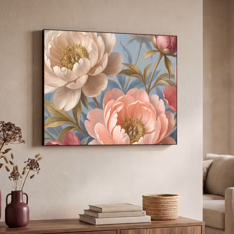 Bloemen - Roze - Beige - Modern - Natuur Textielframe zwart klein -sfeer3