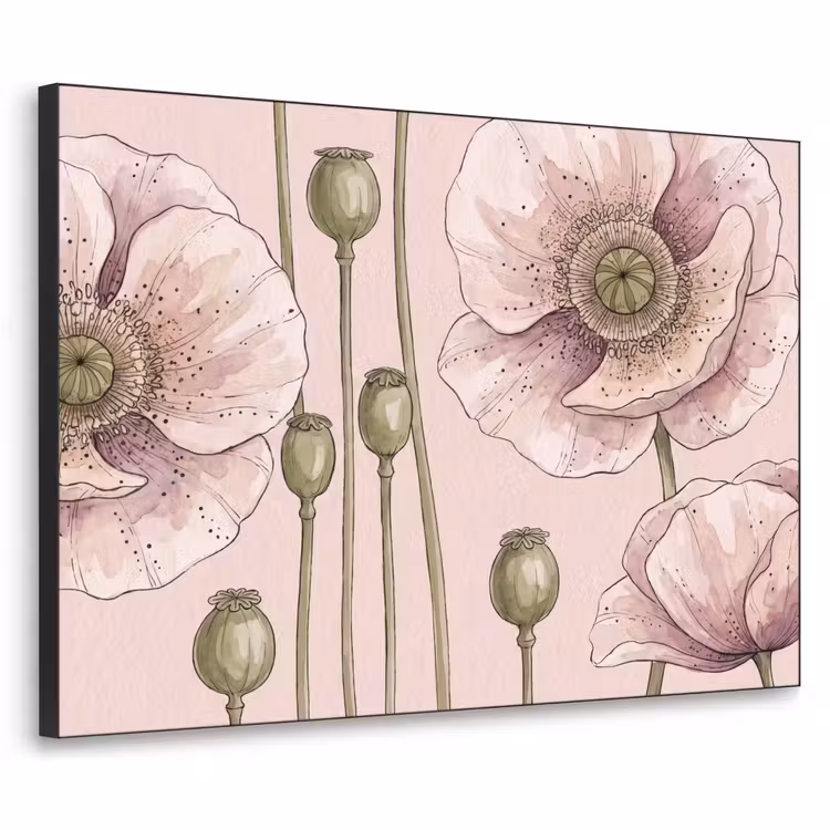 Bloemen - Zomer - Natuur - Aquarel - Roze Textielframe zwart klein -3d