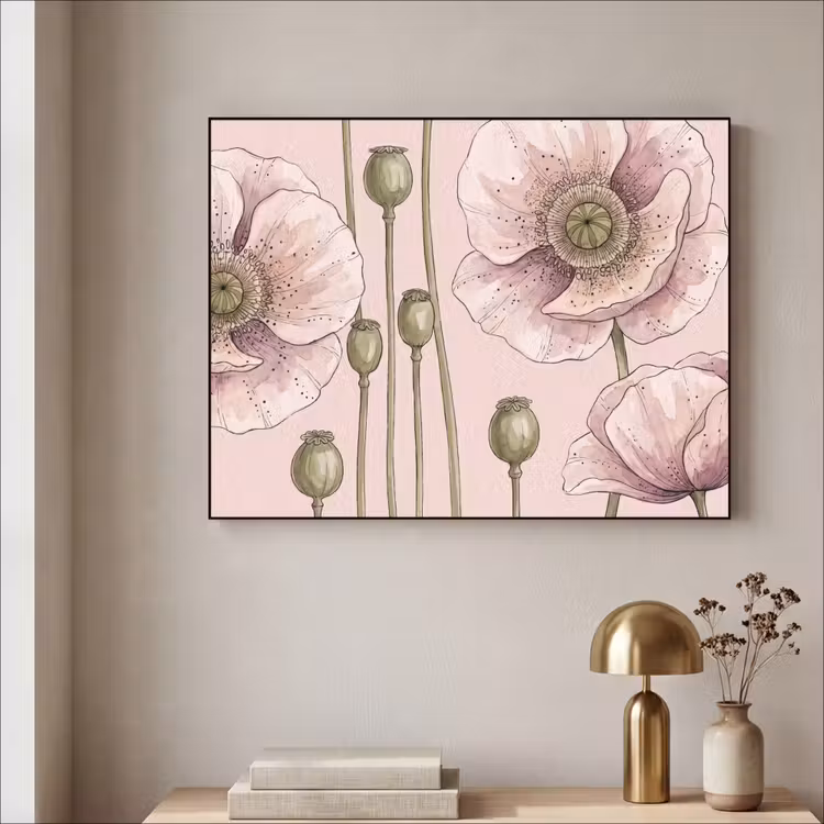 Bloemen - Zomer - Natuur - Aquarel - Roze Textielframe zwart klein -sfeer2