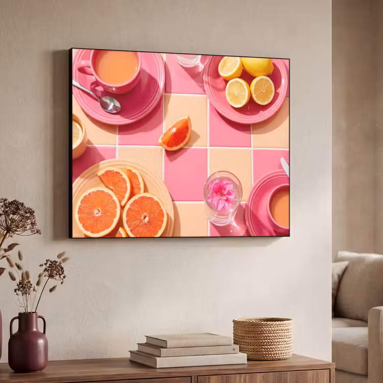 Eten - Citrusvruchten - Stillevens - Roze - Oranje Textielframe zwart klein -sfeer3
