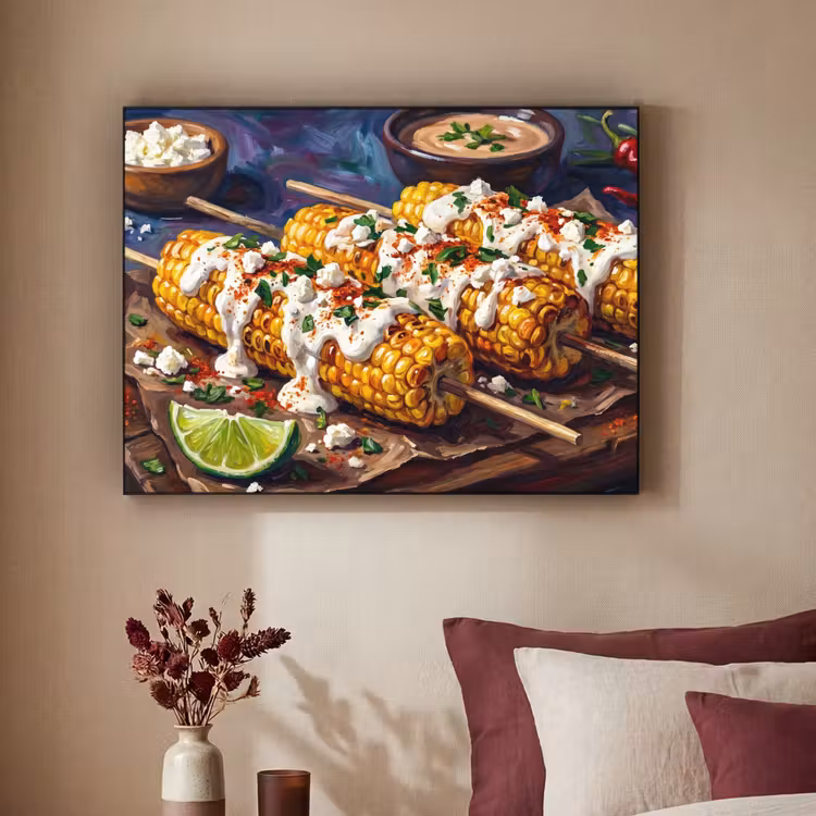 Eten - Maïs - Saus - Geschilderd - Geel Textielframe zwart klein -sfeer1
