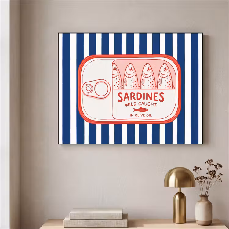 Eten - Vis - Blik - Illustratie - Rood Textielframe zwart klein -sfeer2