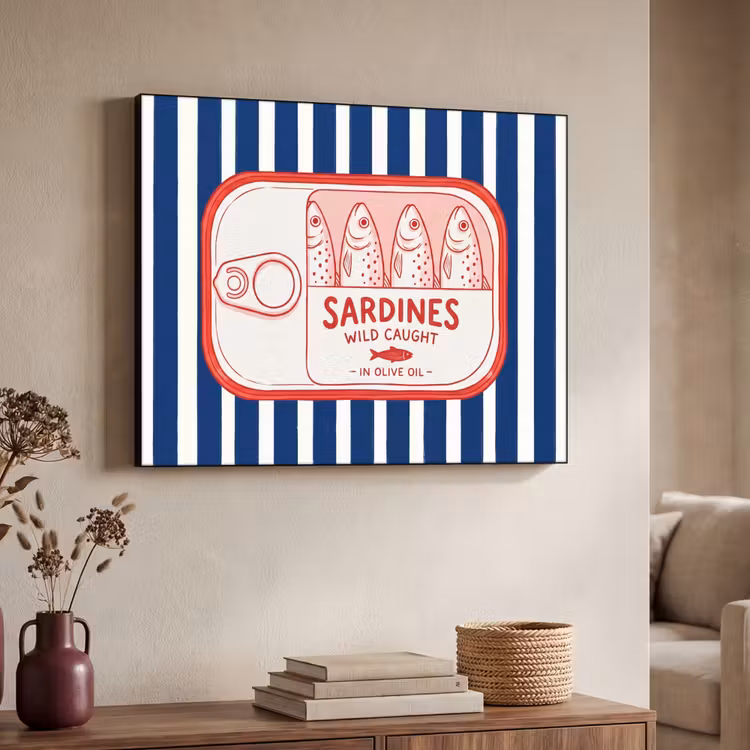 Eten - Vis - Blik - Illustratie - Rood Textielframe zwart klein -sfeer3