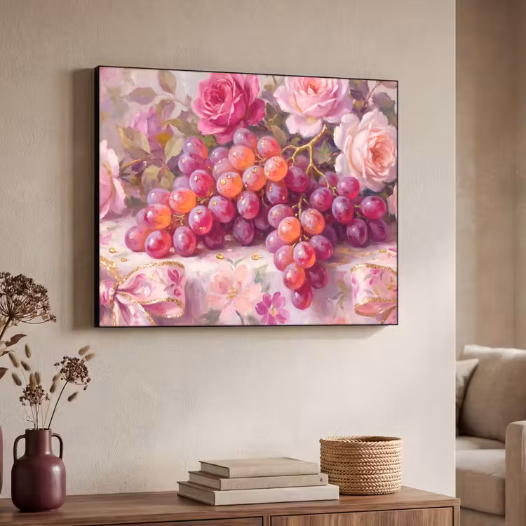 Eten - Bloemen - Stilleven - Roze - Goud Textielframe zwart klein -sfeer3