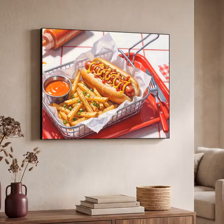 Eten - Hotdog - Fastfood - Modern - Rood Textielframe zwart klein -sfeer3