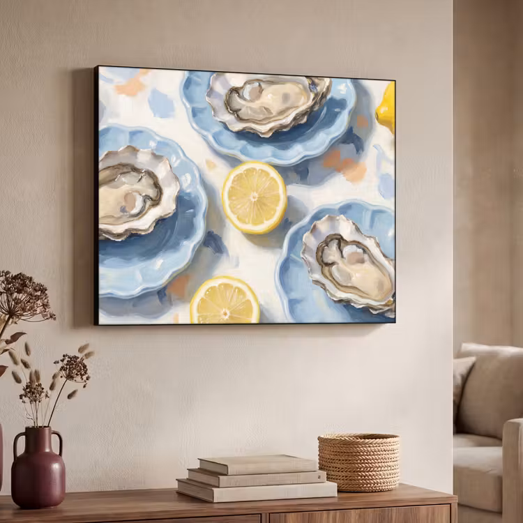 Eten - Oesters - Citroenen - Modern - Geel Textielframe zwart klein -sfeer3
