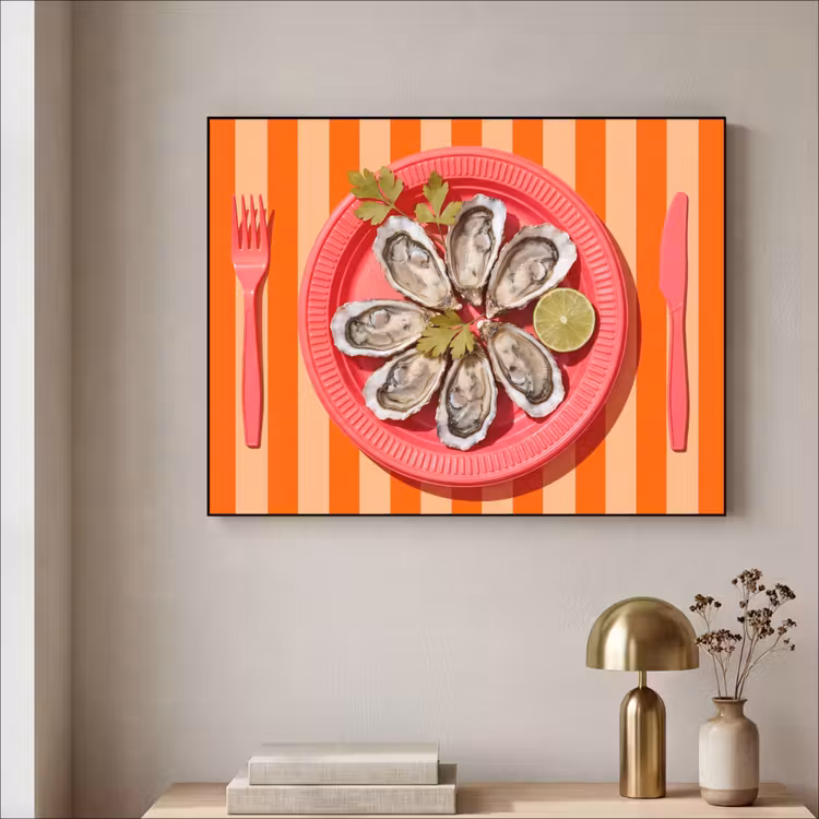 Eten - Oester - Zeevruchten - Oranje - Modern Textielframe zwart klein -sfeer2