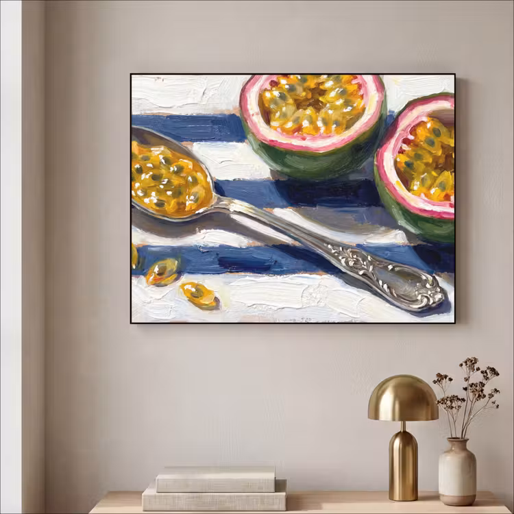 Eten - Passievrucht - Tropisch - Modern - Kleurrijk Textielframe zwart klein -sfeer2