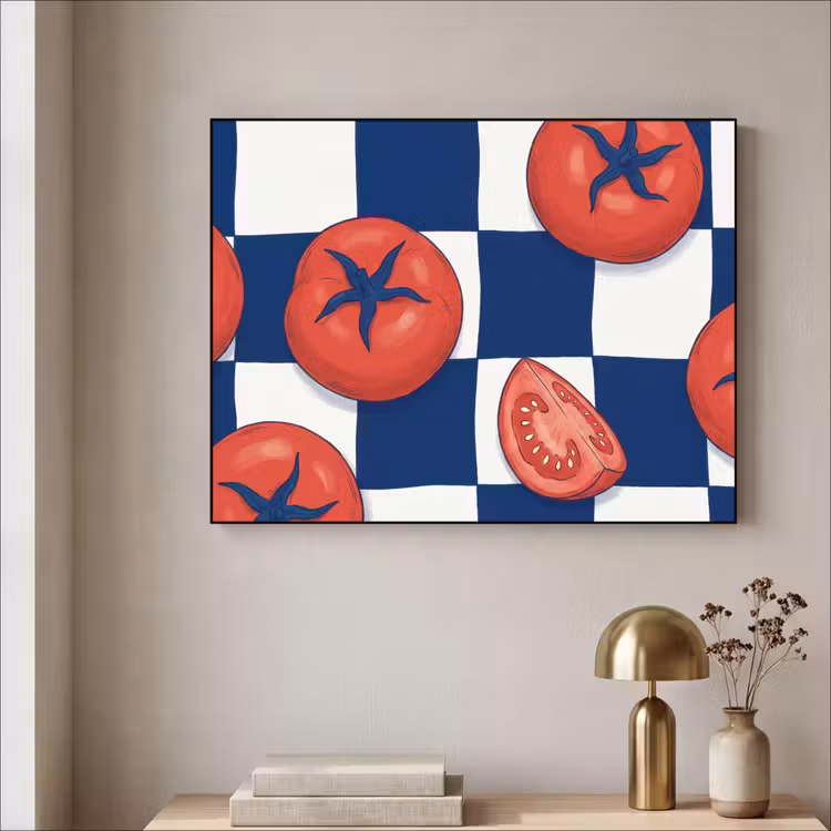 Eten - Tomaten - Keuken - Illustratie - Rood-Blauw Textielframe zwart klein -sfeer2