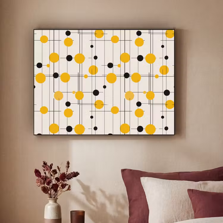 Geometrisch - Retro - Lijnen - Okergeel - Zwart Textielframe zwart klein 947 -sfeer1