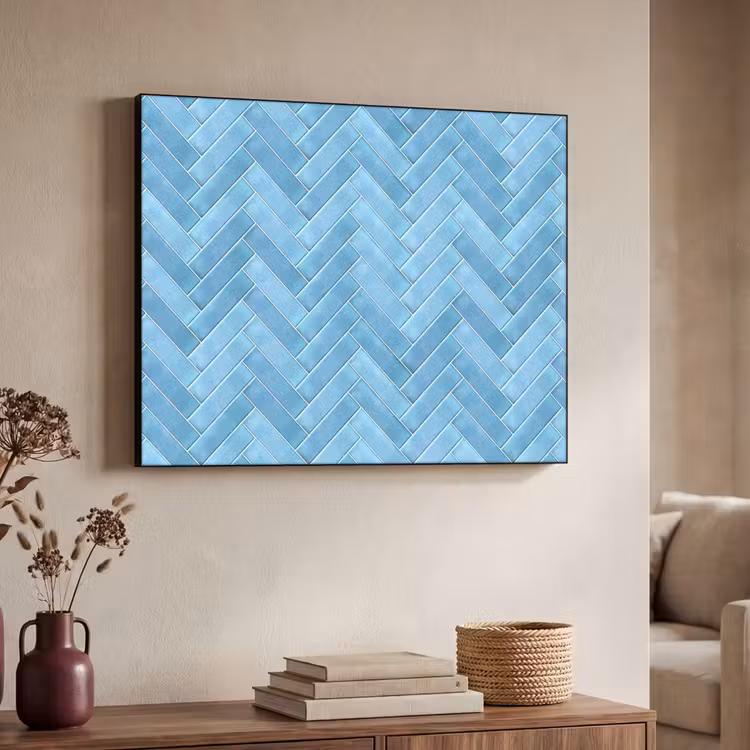 Visgraat - Wandtegel - Lichtblauw Textielframe zwart klein 947 -sfeer3