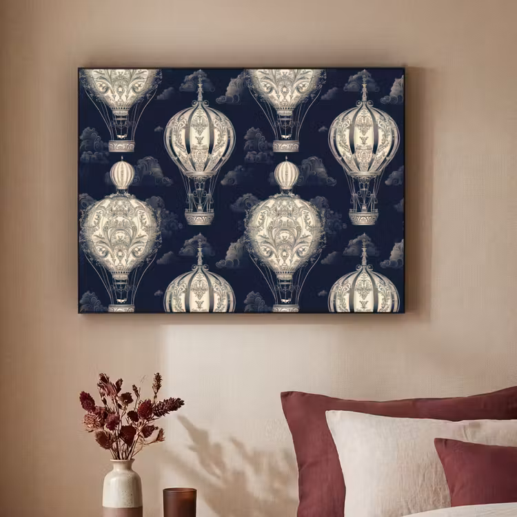 Luchtballonnen - Wolken - Patroon - Donkerblauw Textielframe zwart klein 947 -sfeer1