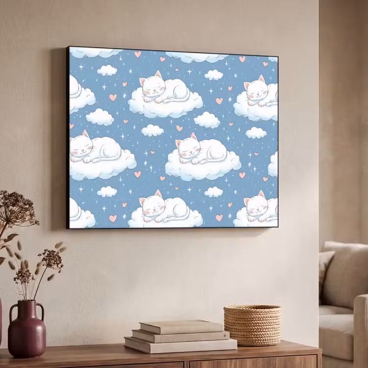 Kitten - Wolken - Blauw Textielframe zwart klein 947 -sfeer3