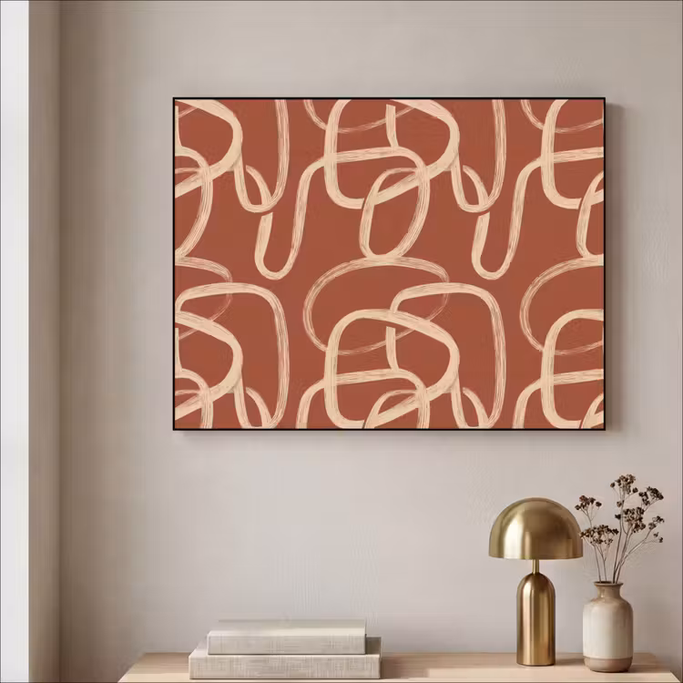 Lijnen - Abstract - Organisch - Terracotta - Crème Textielframe zwart klein 947 -sfeer2
