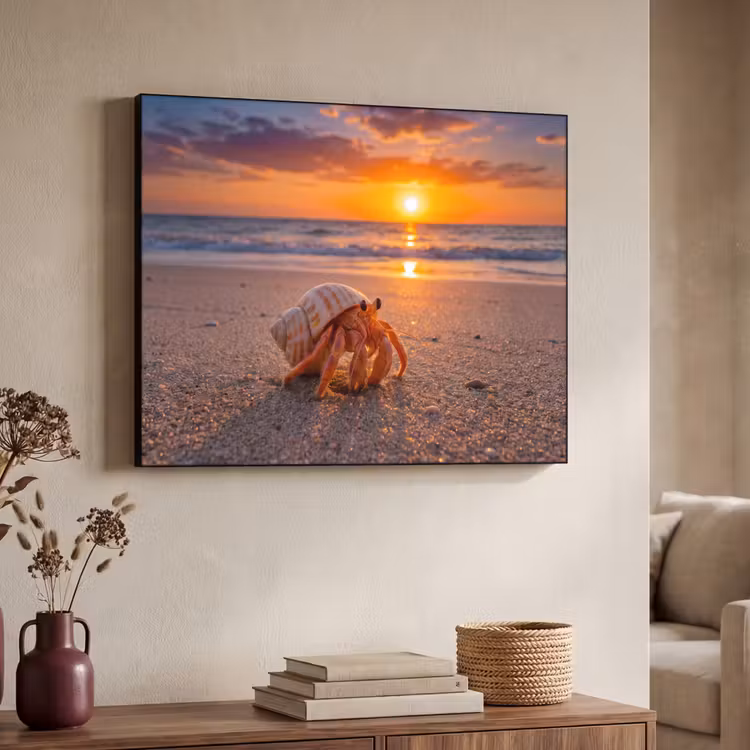 Kreeft - Strand - Natuur - Zonsondergang - Oranje Textielframe zwart klein -sfeer3