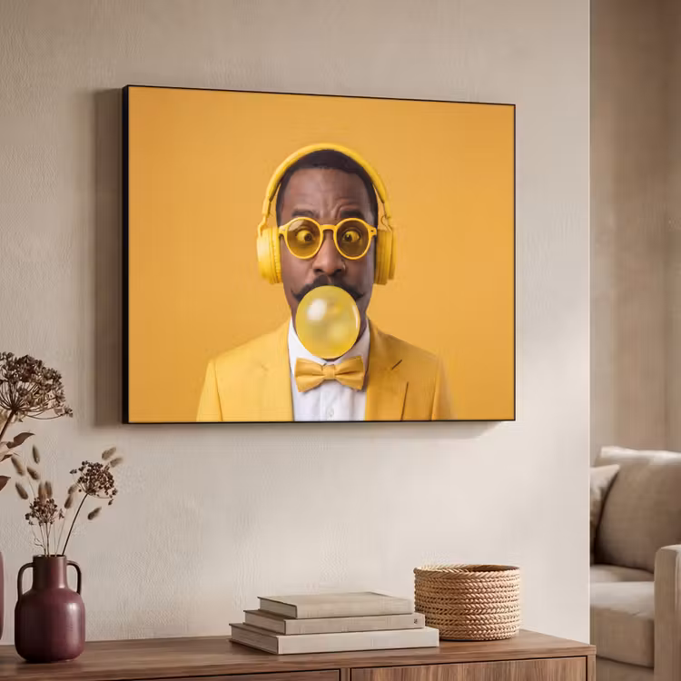 Man - Bubblegum - Portret - Geel - Modern Textielframe zwart klein -sfeer3