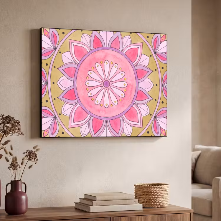 Mandala - Patroon - Kunst - Aquarel - Roze Textielframe zwart klein -sfeer3