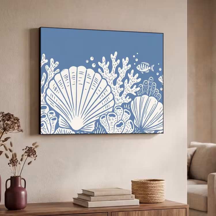 Zeeleven - Koraal - Schelp - Vis - Illustratie - Onderwater Textielframe zwart klein -sfeer3