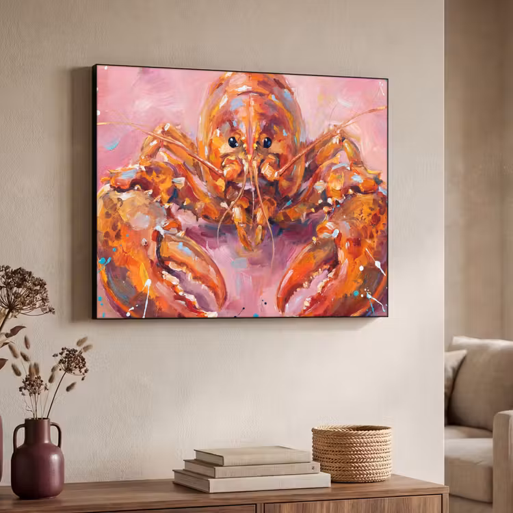 Zeeleven - Kreeft - Spatters - Abstract - Roze Textielframe zwart klein -sfeer3
