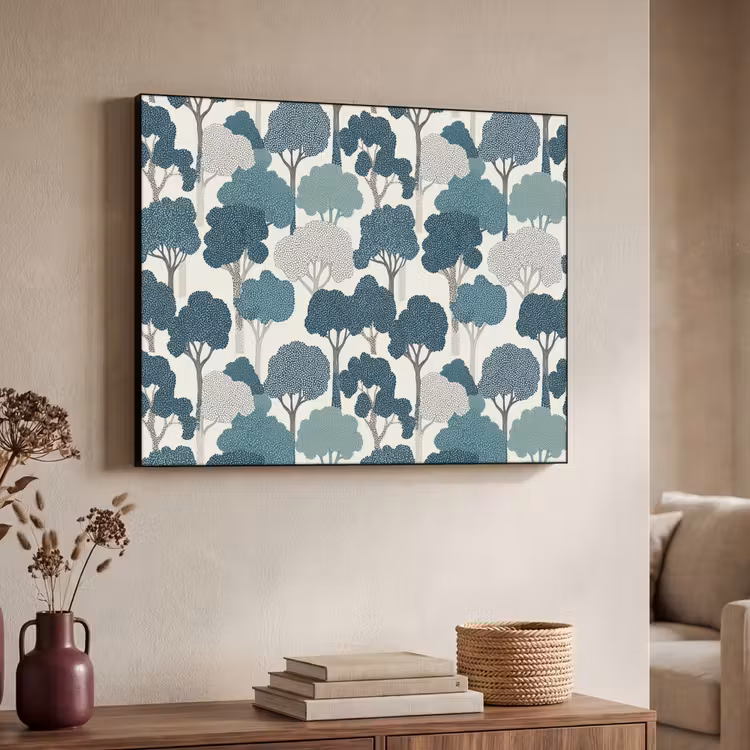 Modern - Bomen - Bos - Patroon - Blauw Textielframe zwart klein 947 -sfeer3