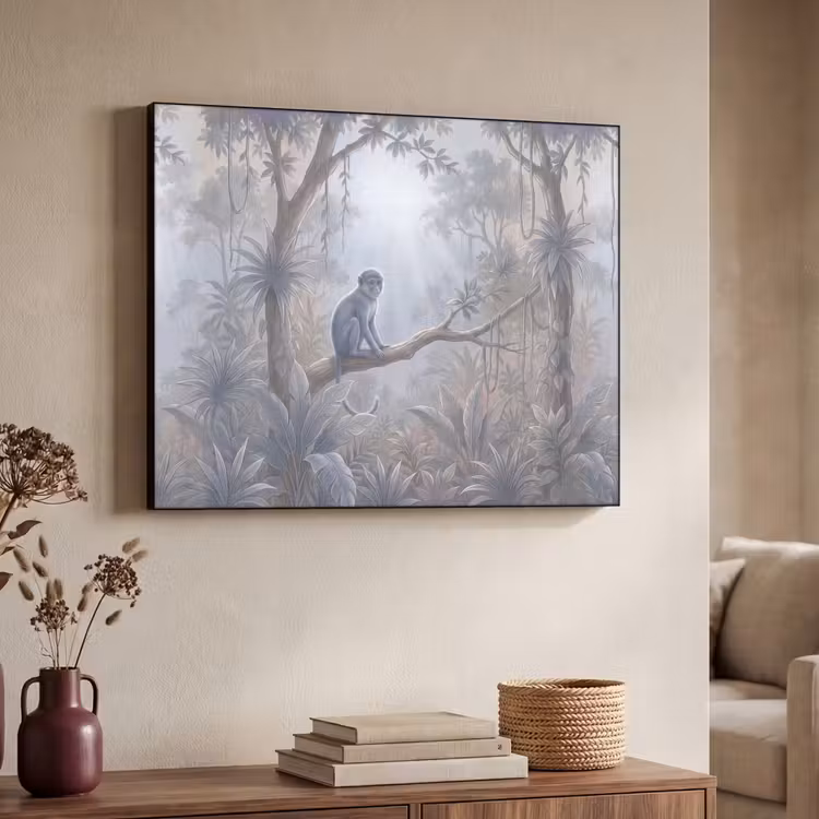 Aap - Boom - Jungle - Natuur - Grijs Textielframe zwart klein -sfeer3