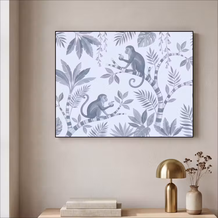 Aap - Boom - Bladeren - Jungle - Illustratie Textielframe zwart klein -sfeer2