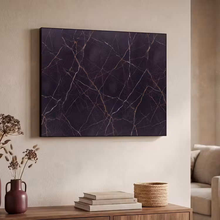 Natuursteen - Marmerpatroon - Abstract - Modern - Zwart - Goud Textielframe zwart klein -sfeer3