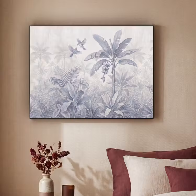 Natuur - Vogel - Jungle - Illustratie - Blauw Textielframe zwart klein -sfeer1