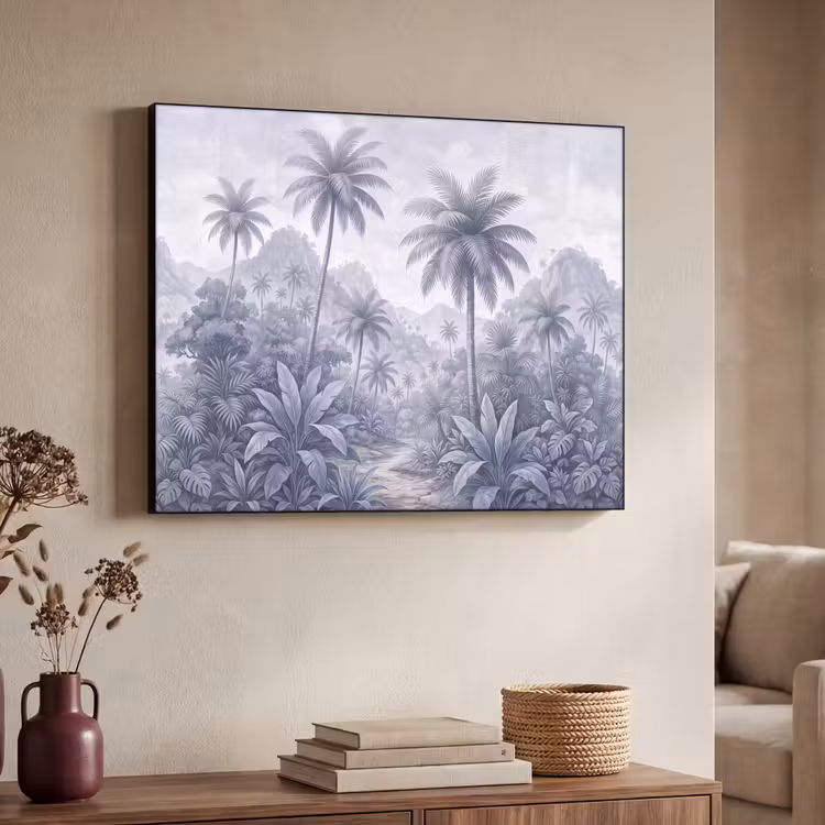 Natuur - Boom - Tropisch - Landschap - Blauw Textielframe zwart klein -sfeer3