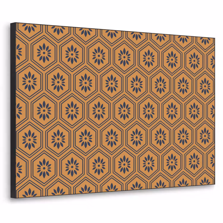 Okergeel - Patroon - Bloem - Donkerblauw Textielframe - compleet frame klein 947 -3d