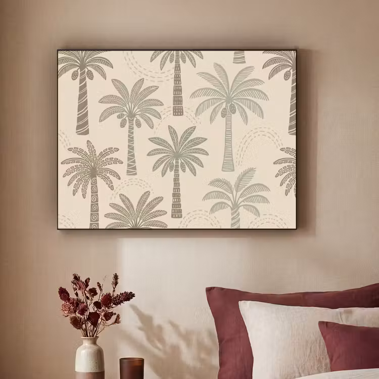Palmbomen - Patroon - Tropisch - Beige Textielframe zwart klein -sfeer1