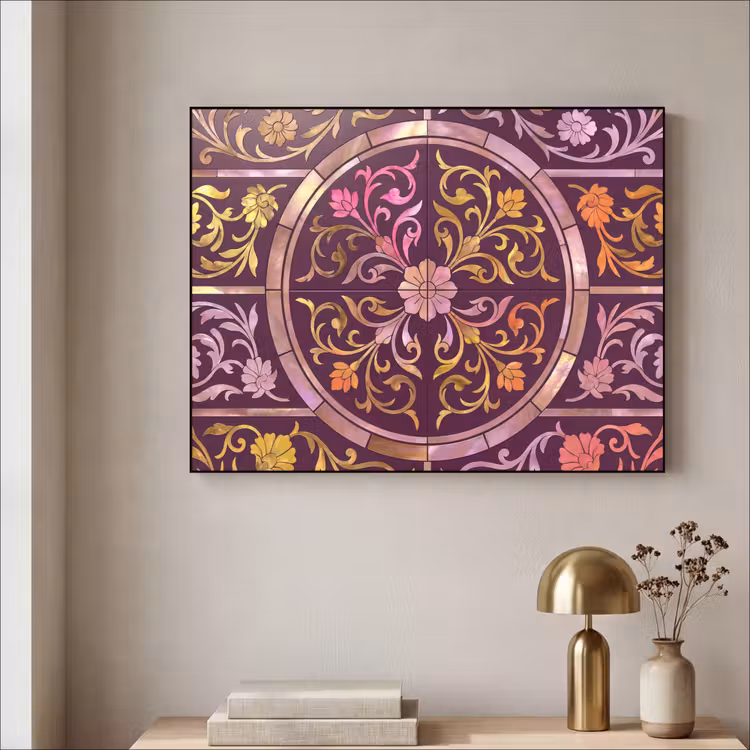 Patroon - Floraal - Oosters - Paars - Goud Textielframe zwart klein -sfeer2