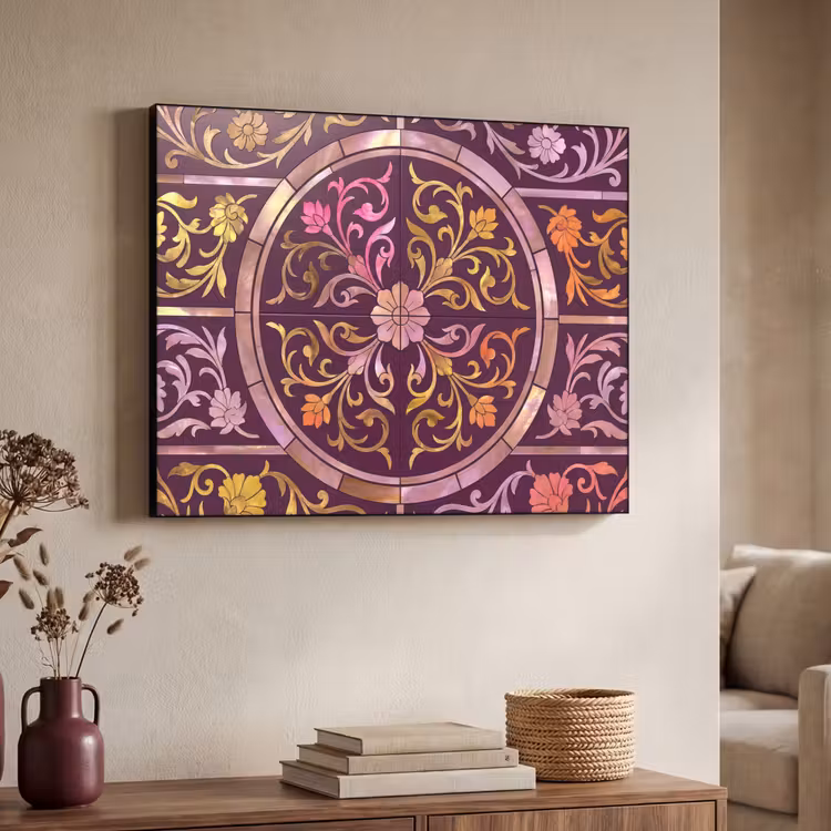 Patroon - Floraal - Oosters - Paars - Goud Textielframe zwart klein -sfeer3