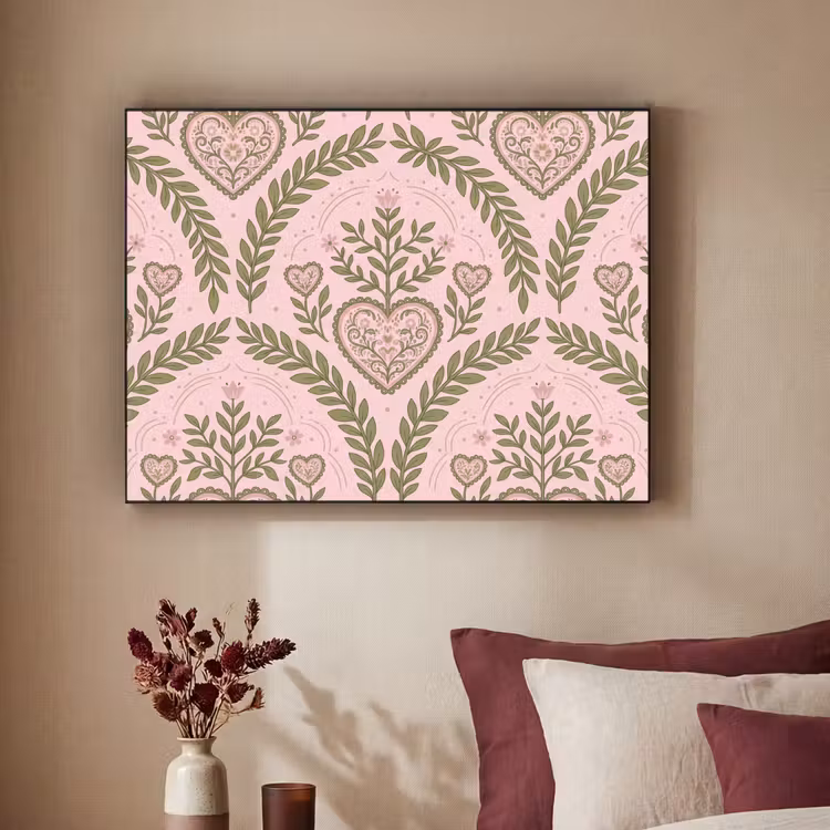 Patroon - Hart - Bloemen - Folkloristisch - Roze Textielframe zwart klein -sfeer1