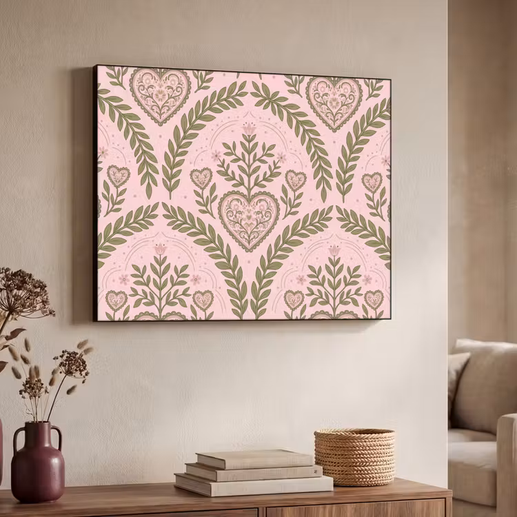Patroon - Hart - Bloemen - Folkloristisch - Roze Textielframe zwart klein -sfeer3