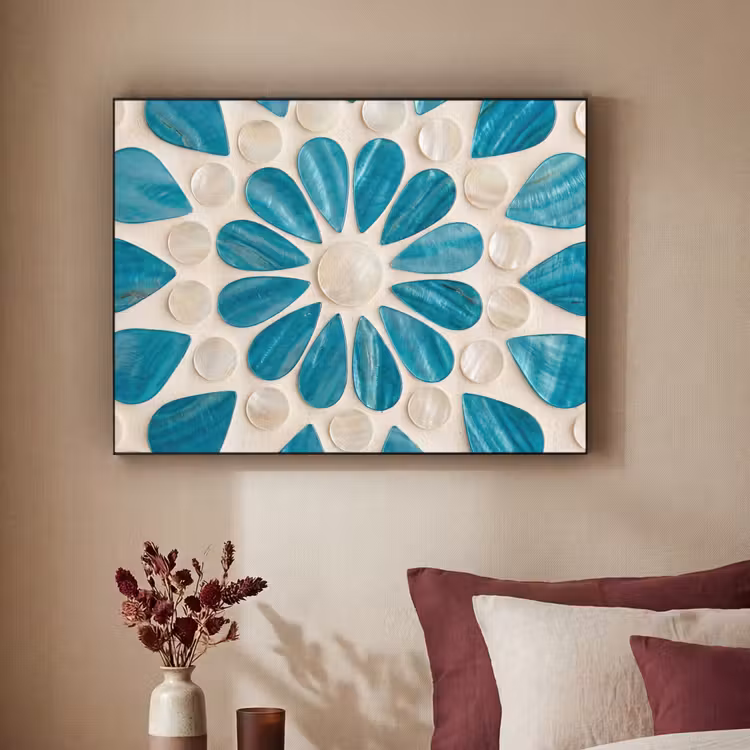 Patroon - Mozaïek - Schelpen - Abstract - Turquoise Textielframe zwart klein -sfeer1