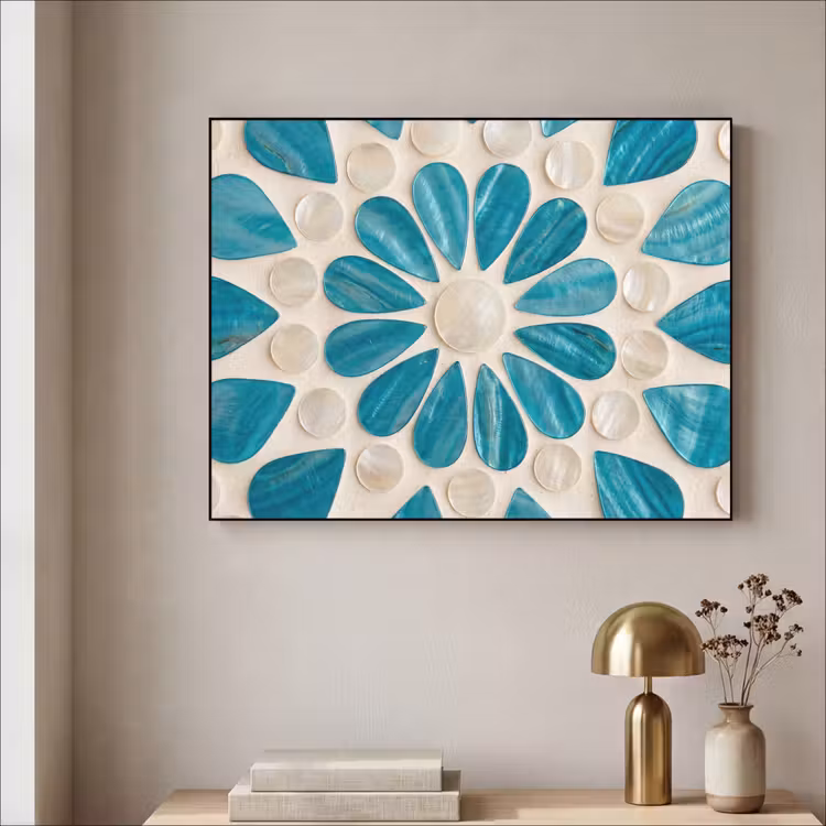 Patroon - Mozaïek - Schelpen - Abstract - Turquoise Textielframe zwart klein -sfeer2