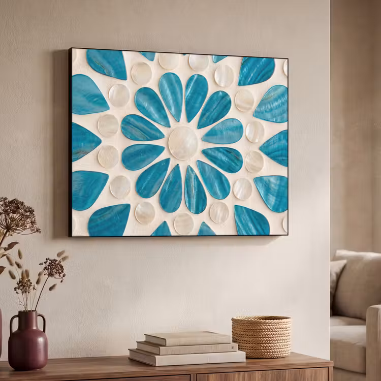 Patroon - Mozaïek - Schelpen - Abstract - Turquoise Textielframe zwart klein -sfeer3
