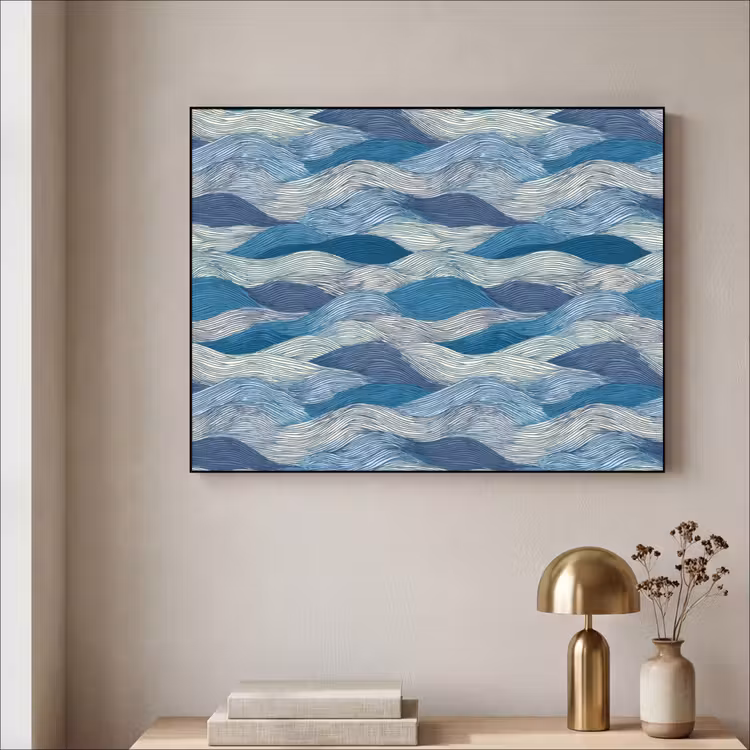 Getekend - Blauw - Wit - Golvend - Streepjes Textielframe zwart klein 947 -sfeer2