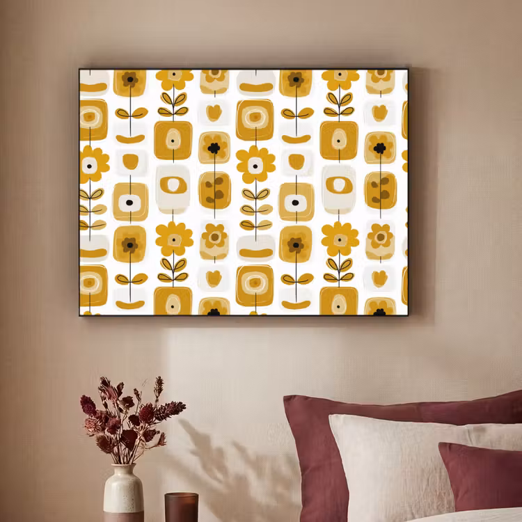 Retro - Abstract - Bloemen - Okergeel Textielframe zwart klein 947 -sfeer1