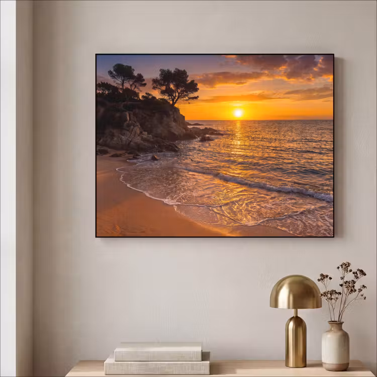 Zee - Kust - Zonsondergang - Natuur - Oranje Textielframe zwart klein -sfeer2