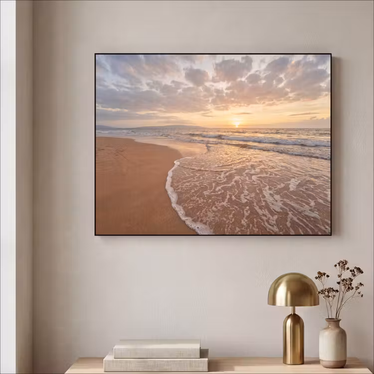 Zee - Kustlijn - Wolken - Landschap - Oranje Textielframe zwart klein -sfeer2
