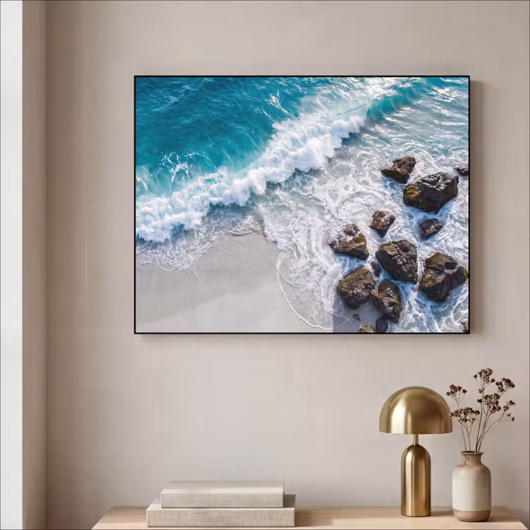 Zee - Golf - Strand - Natuur - Blauw Textielframe zwart klein -sfeer2